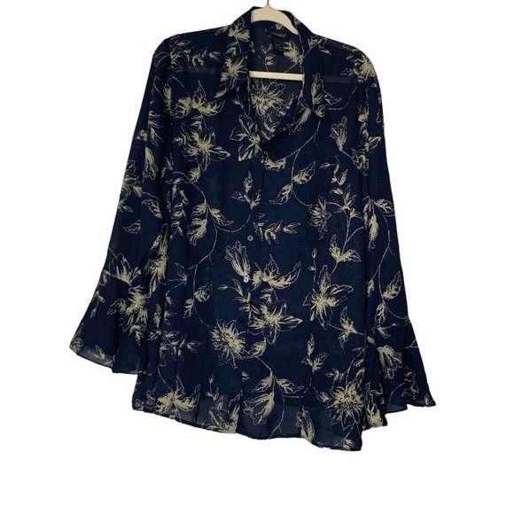 Lane Bryant sheer‎ navy blouse with cream tan floral pattern. Size 22/24 - Picture 1 of 7